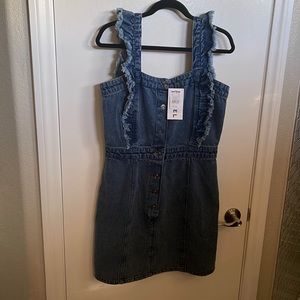 Mini denim dress Xl nwt…, button front with ruffle sleeve detail